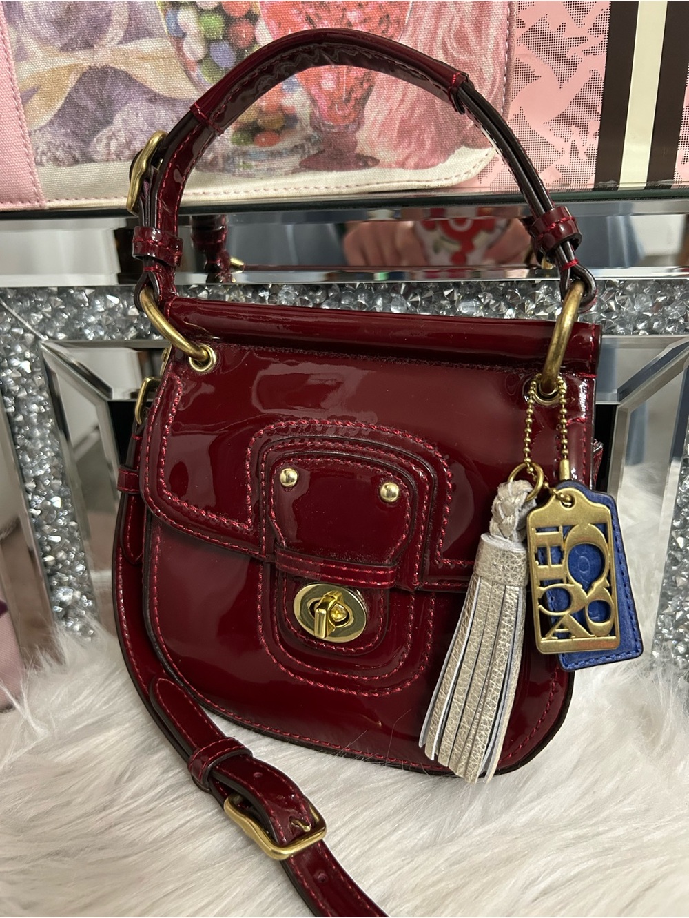 Coach Willis Crimson Red Patent Leather Mini Satchel Crossbody Legacy Lining HTF